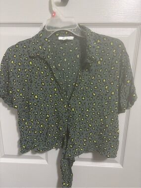 American Eagle Olive Green Leopard Print Top with Yellow Accents